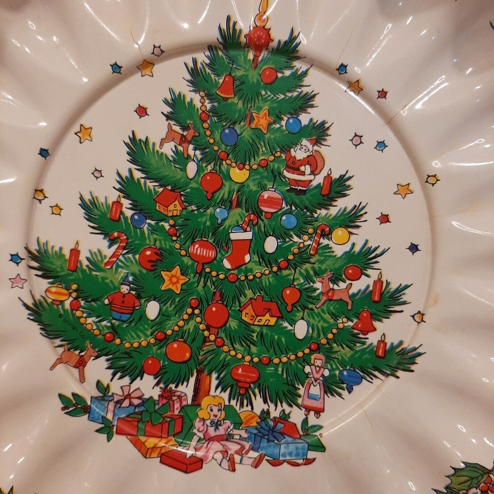 Vintage Christmas Tree 9” Plastic Serving Cookie Candy Tray Holly Plastic